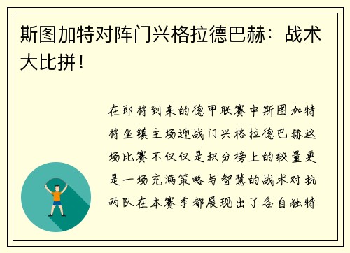 斯图加特对阵门兴格拉德巴赫：战术大比拼！