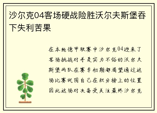 沙尔克04客场硬战险胜沃尔夫斯堡吞下失利苦果